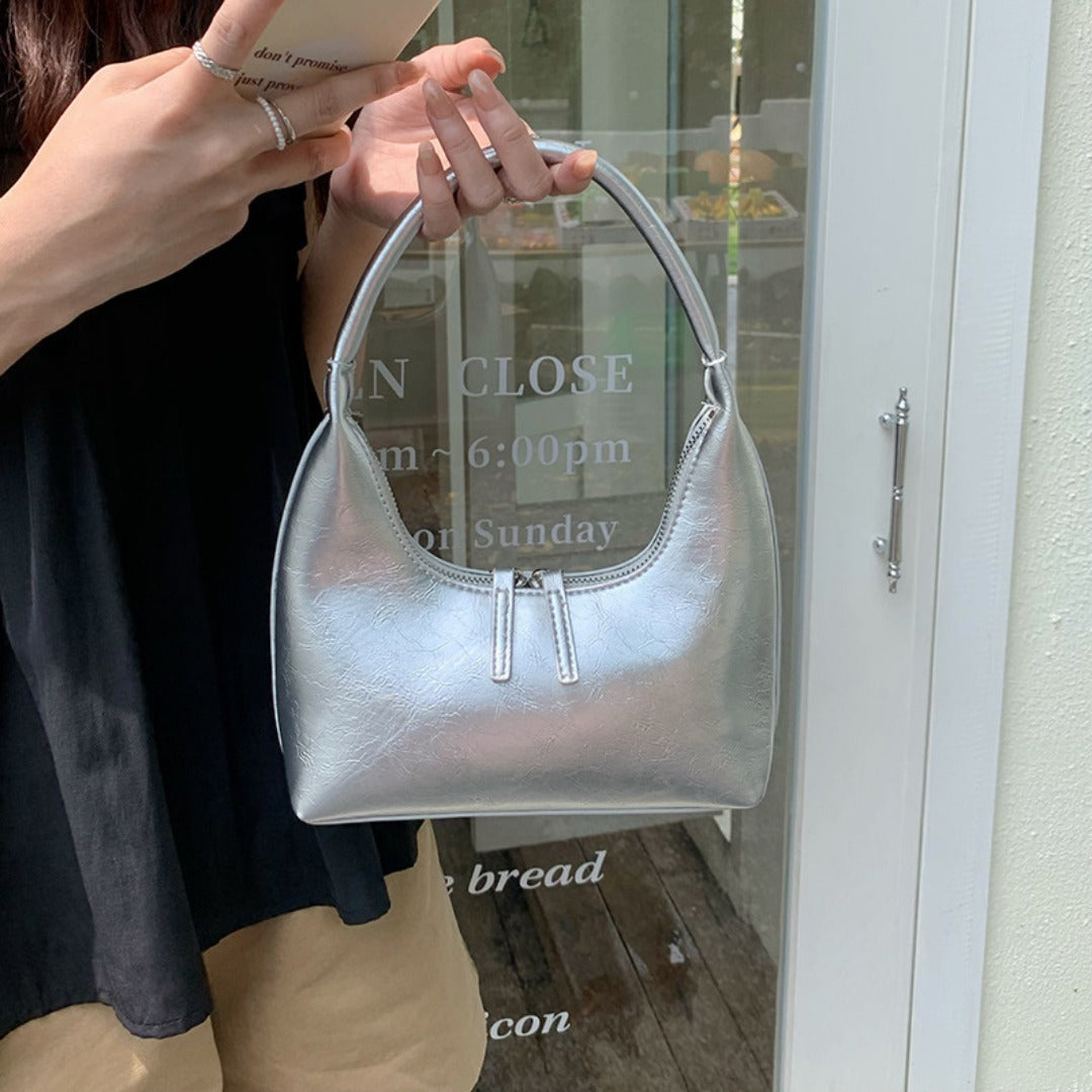 Silver mini hobo shoulder bag, small shoulder purse, women&