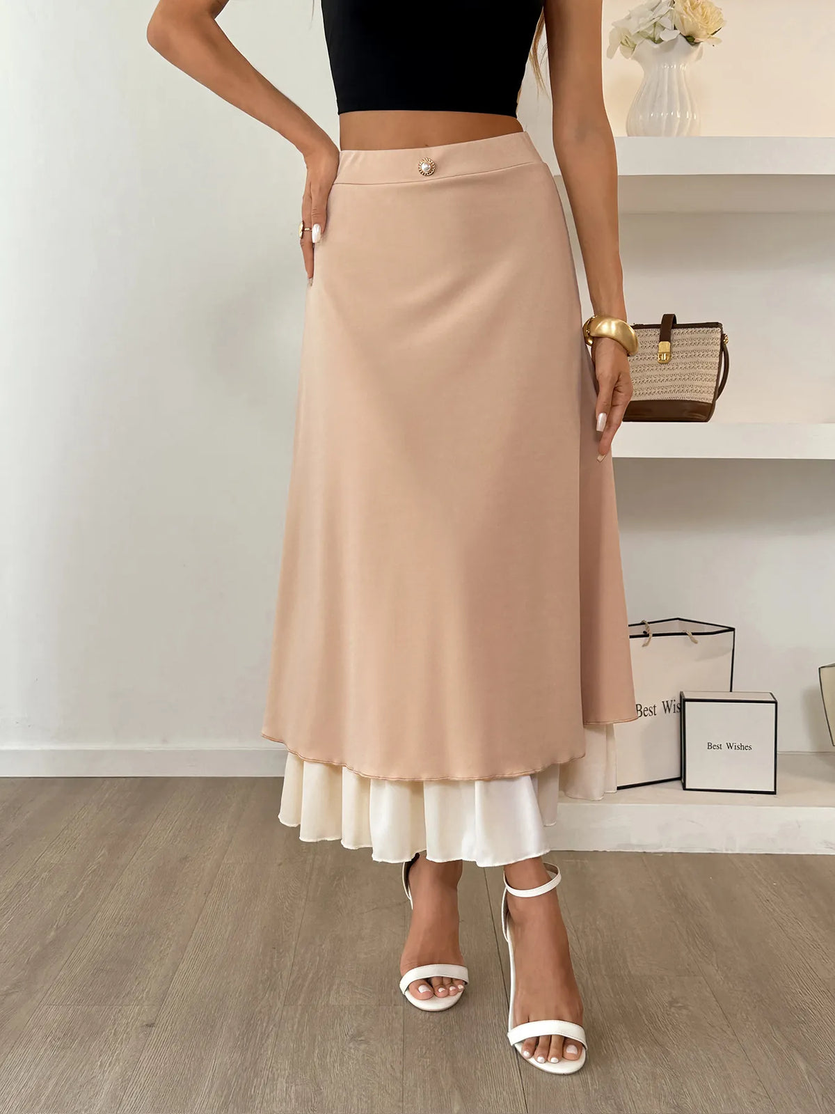 Layered Midi Skirt with Contrast Hem Detail