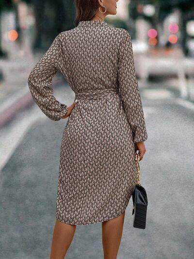 Tied Printed Notched Balloon Sleeve Dress for Women