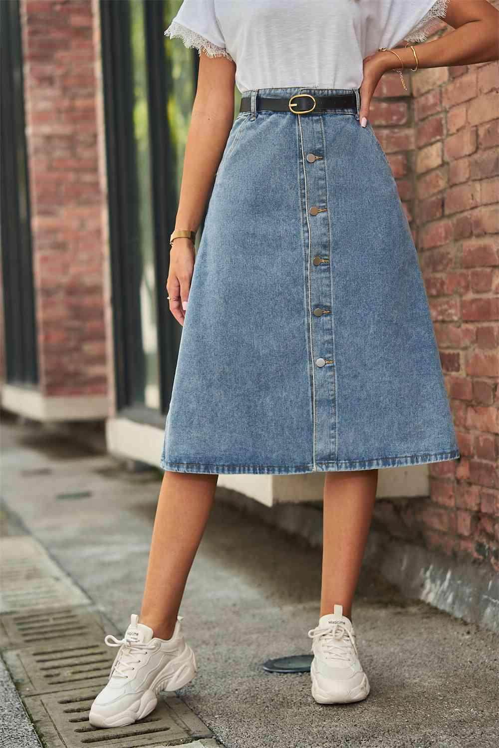 Button Front A-Line Denim Skirt for Casual Style Wear