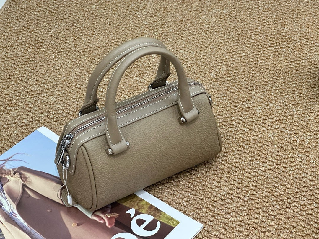 Cross-border Top-grain Leather Boston Pillow Bag, Single-shoulder, Crossbody Small Bag, Versatile Genuine Leather Women&