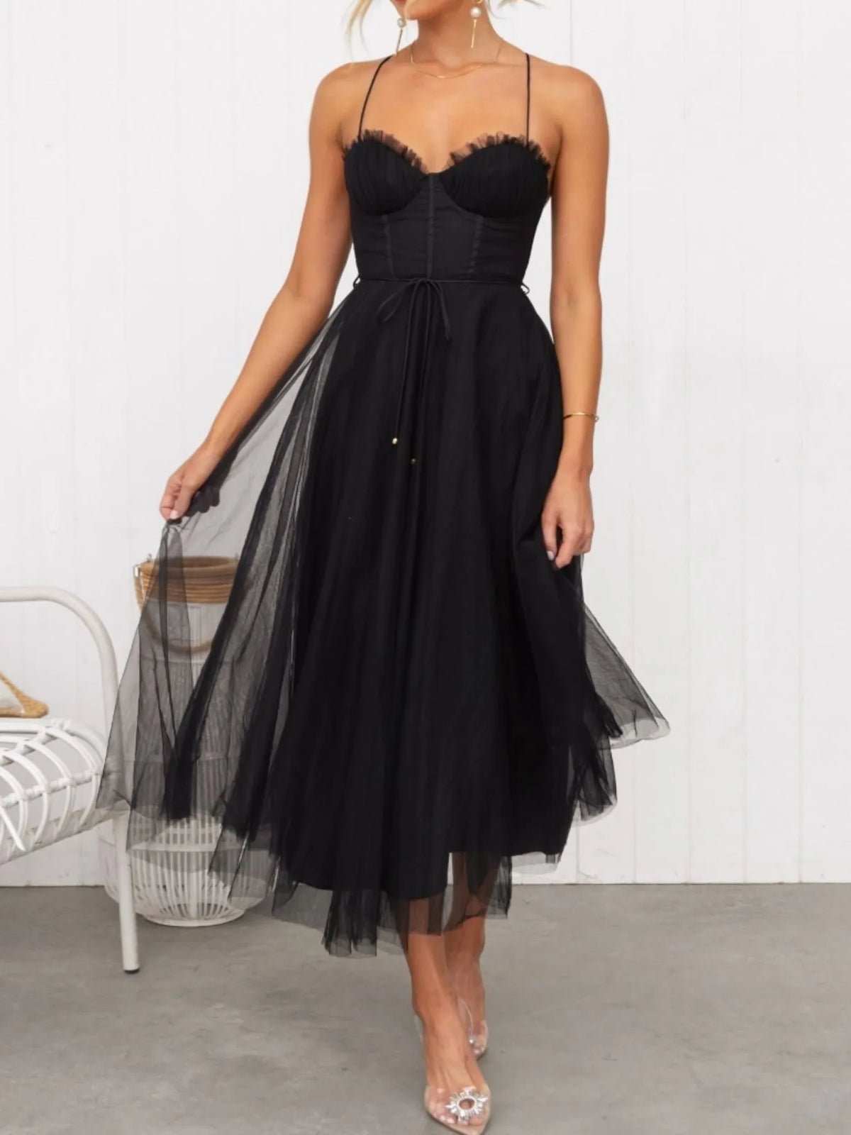 Sweetheart Neck Tulle Midi Dress