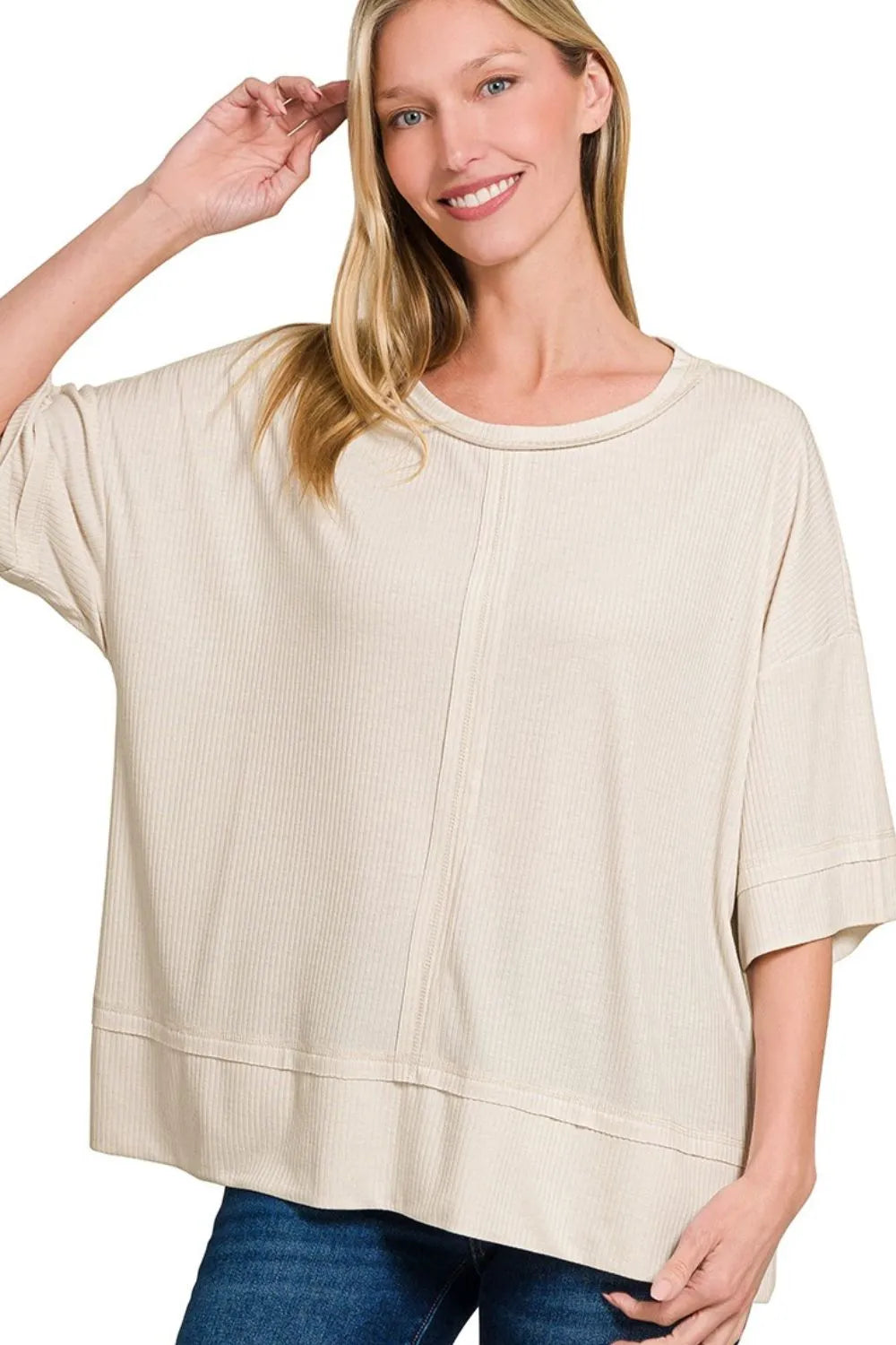 Zenana Ribbed Boat Neck 3/4 Sleeve Top