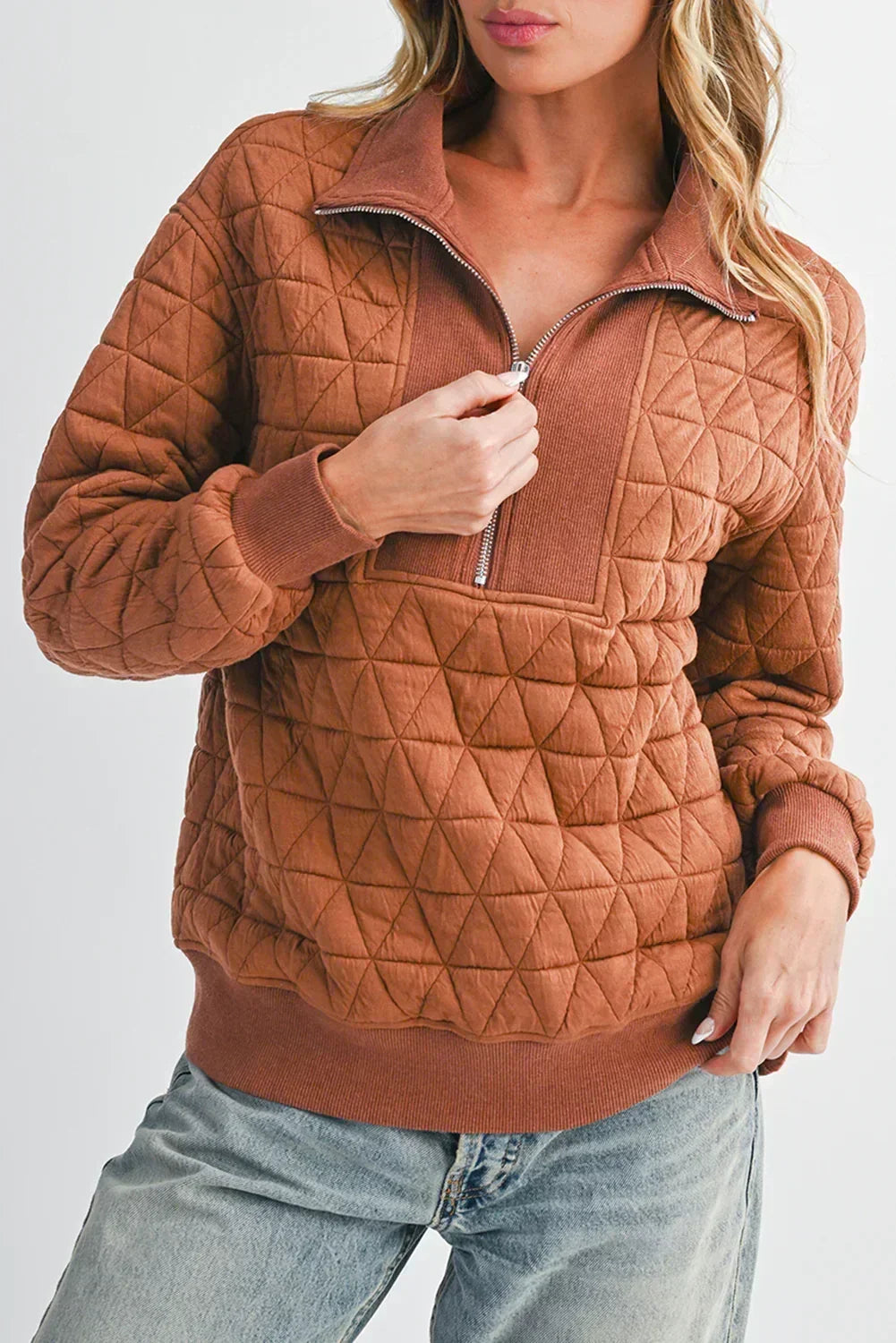 Brown Textured Zipper Neck Long Sleeve Pullover Sweatshirt - Femstylo