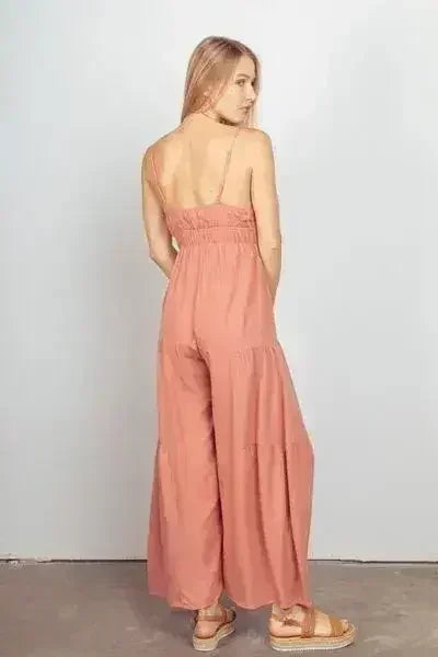 VERY J Sleeveless Ruched Wide Leg Jumpsuit