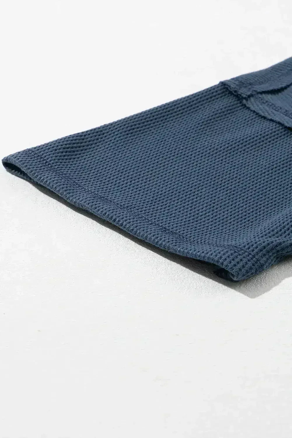 Blue Exposed Seam Drop Sleeve V Neck Waffle Textured Top