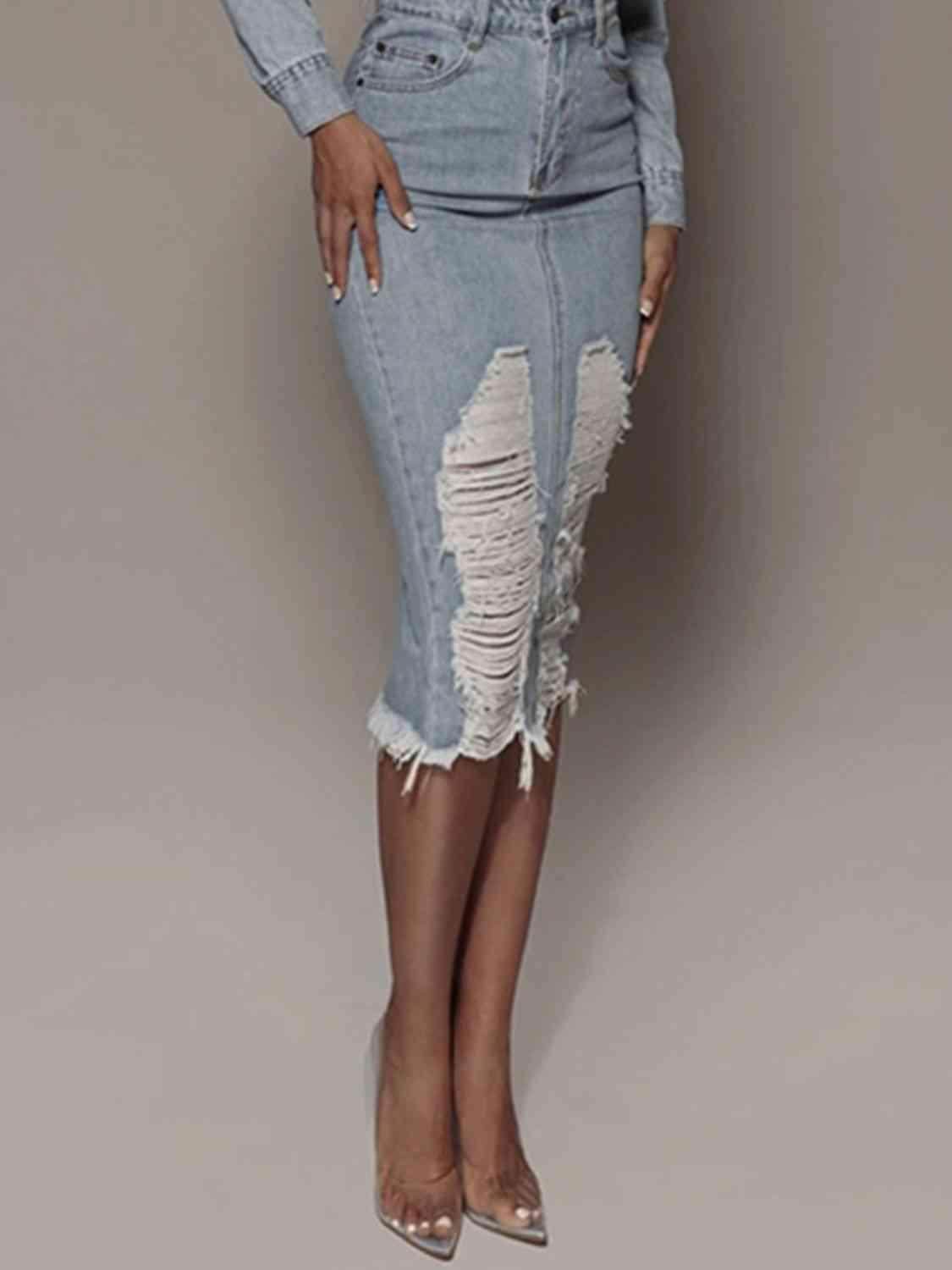 Distressed Slit Denim Skirt in 100 Percent Cotton Fabric