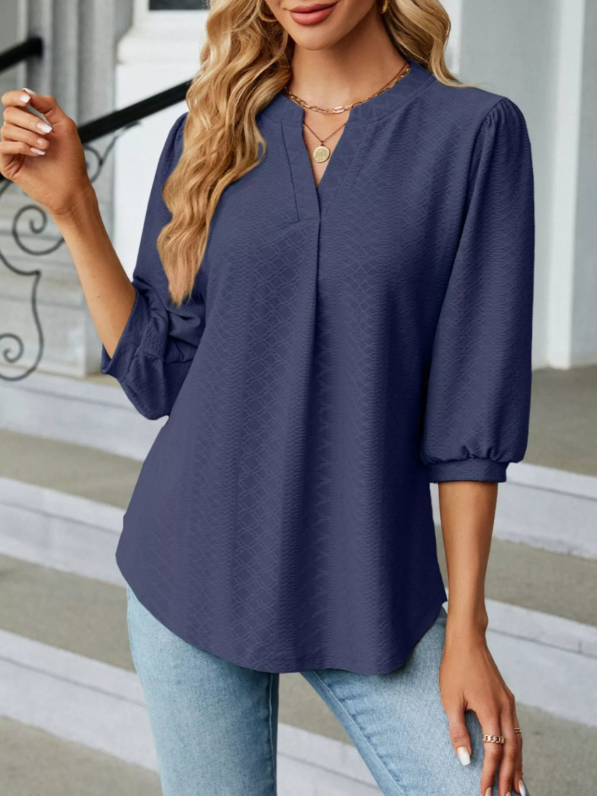 Notched 3/4 Sleeve Casual Top