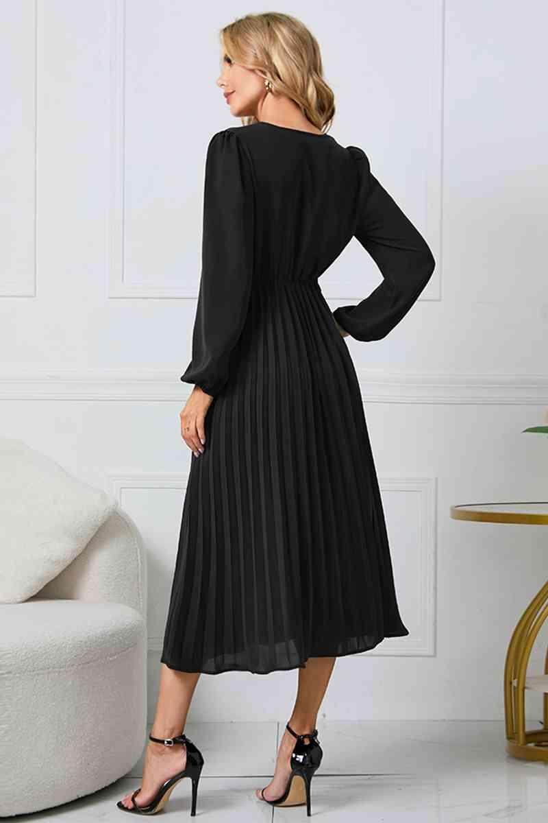 V-Neck Long Sleeve Tie Waist Midi Dress for Women