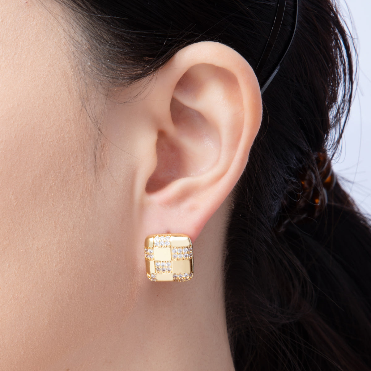 14K Gold Filled 15mm Micro Paved CZ Checkered Square Stud Earrings in Gold & Silver | Earrings-00021 Earrings-00022