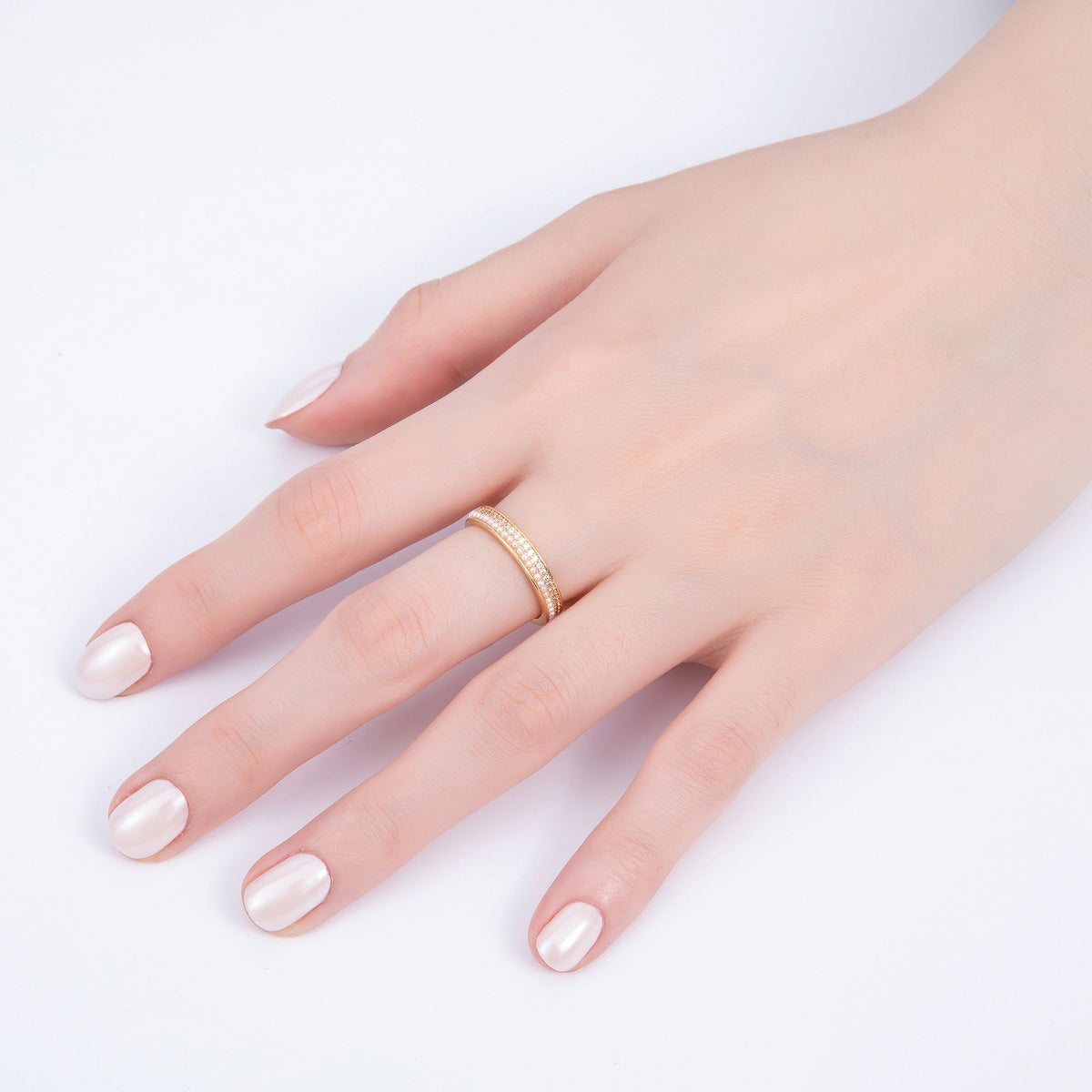 16K Gold Filled Shell Pearl Micro Paved CZ Double Lined Ring | Rings-00063