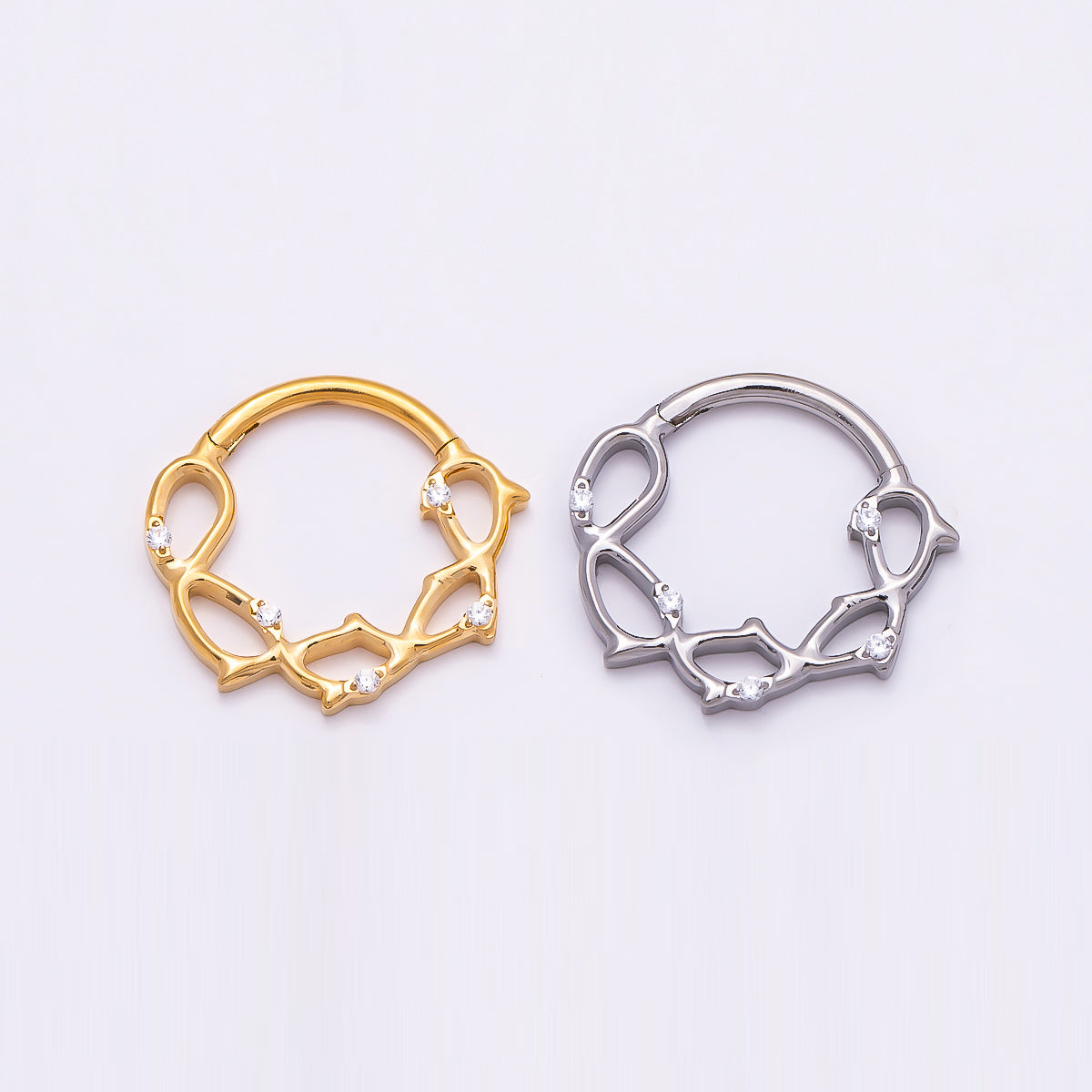 Titanium 15mm CZ Geometric Single Septum Cartilage Piercing Clicker in Gold & Silver | BJ-00118 BJ-00119