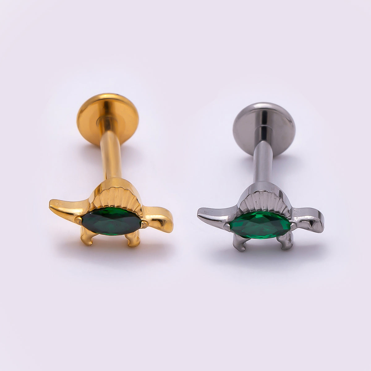 Titanium 7.5mm Green CZ Dinosaur Single Cartilage Piercing Flat Back Stud in Gold & Silver | BJ-00059 BJ-00060