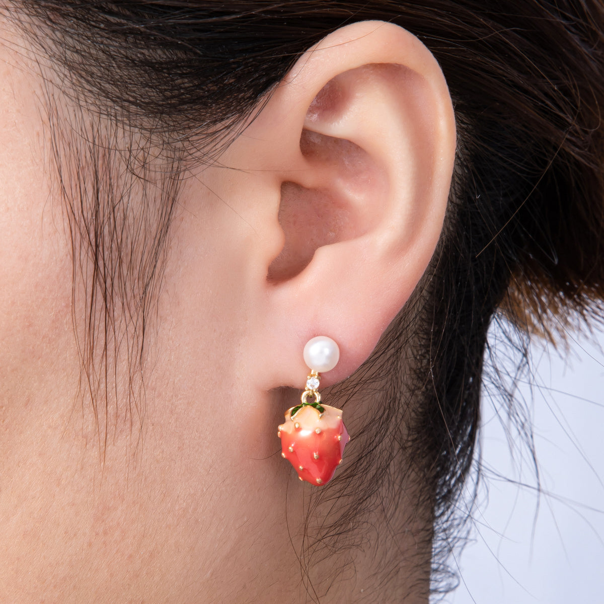 14K Gold Filled 24.5mm Strawberry Enamel Shell Pearl Drop Stud | Earrings-00014
