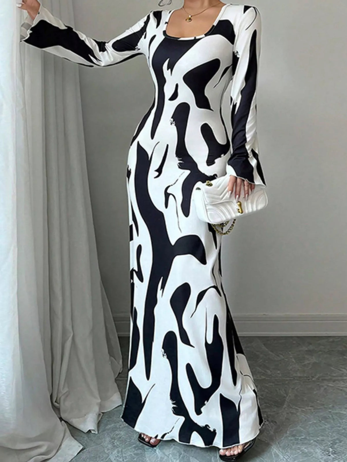 Abstract Print Long Sleeve Maxi Dress