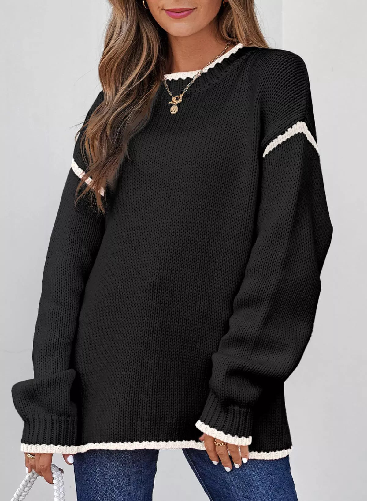 Contrast Trim Long Sleeve Sweater