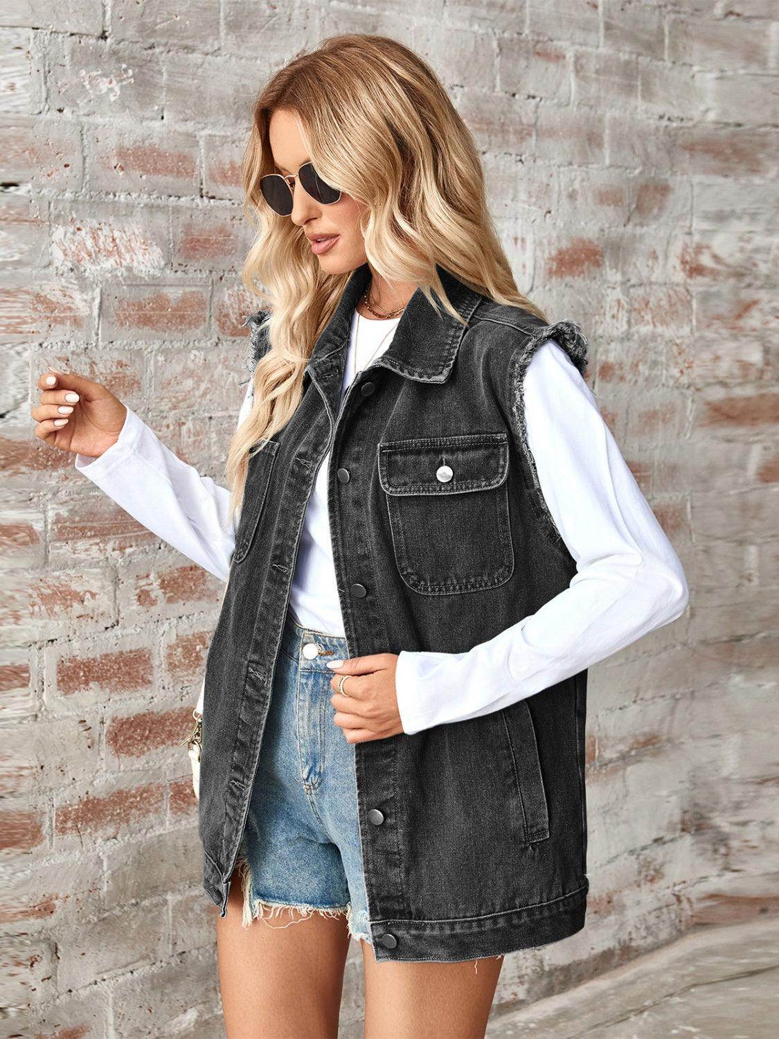 Raw Hem Sleeveless Button Up Denim Jacket for Women