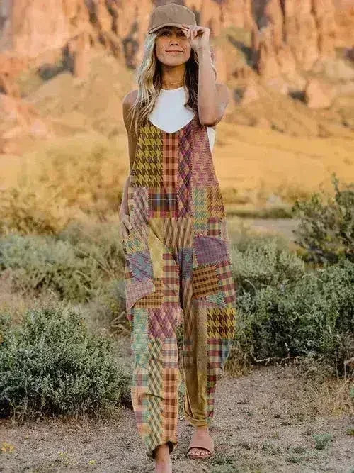 Printed V-Neck Jumpsuit - Sleeveless Romper with Pockets