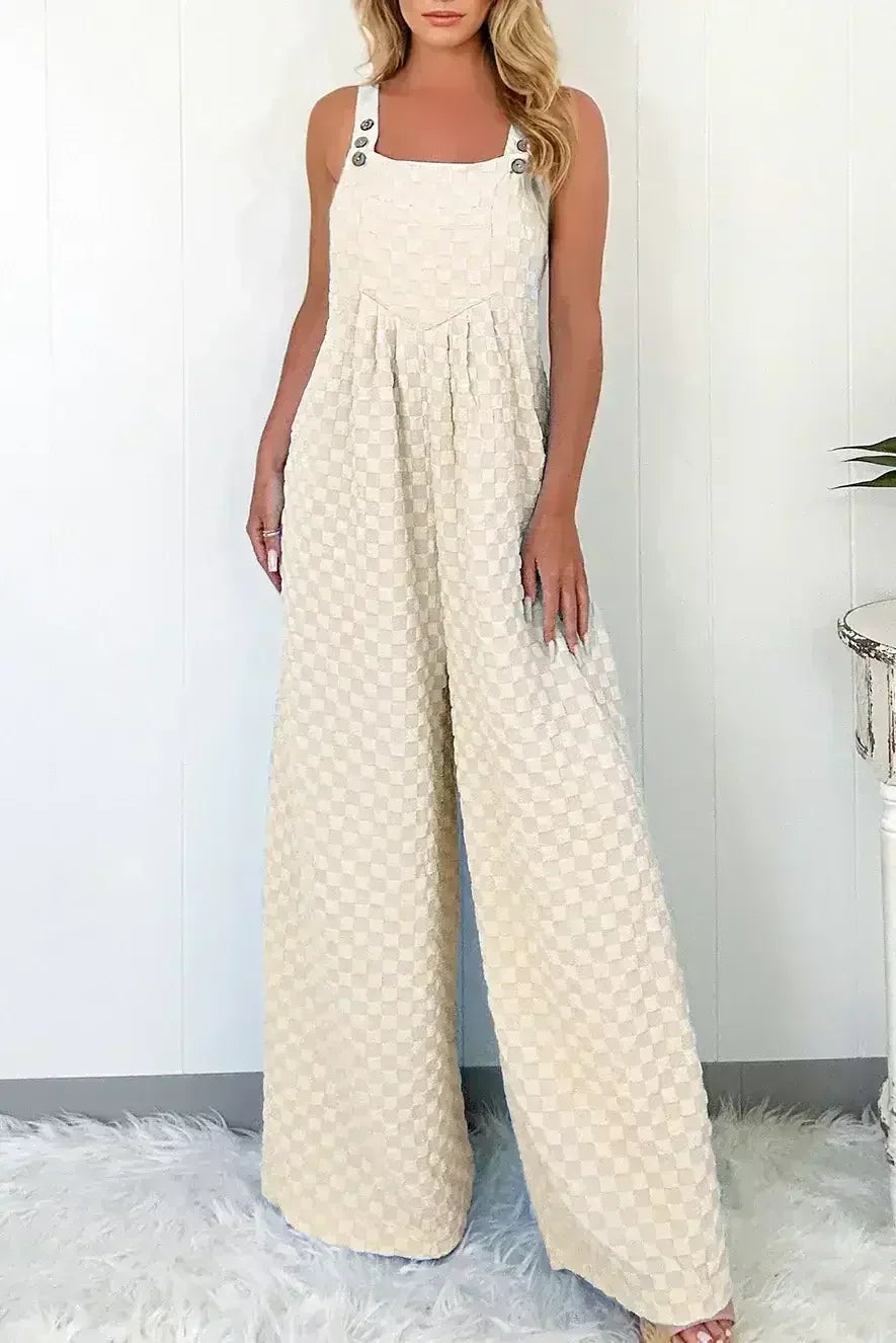 Beige Checkered Pocket High Waist Wide Leg Overall