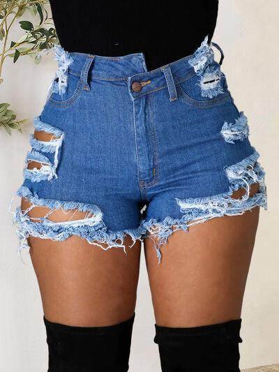 Distressed Raw Hem Denim Shorts with Pockets for Women