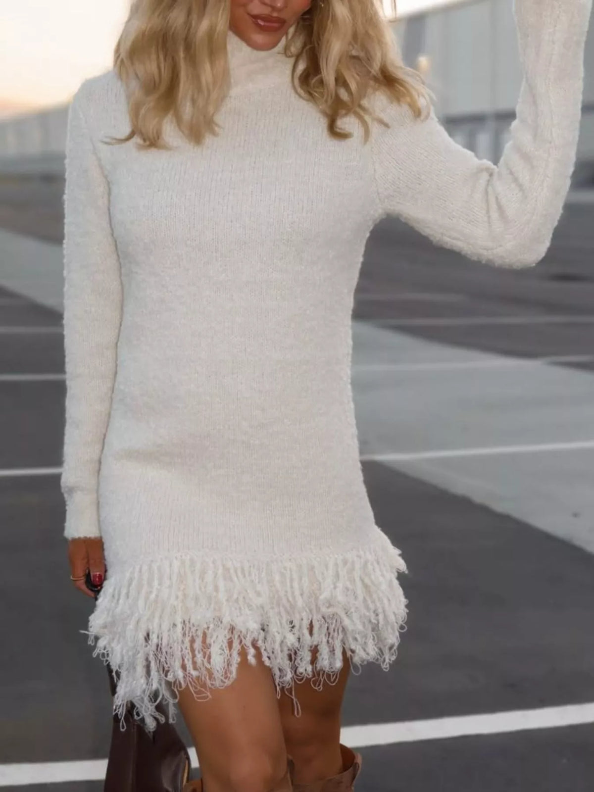 Fringe Turtleneck Long Sleeve Sweater Dress