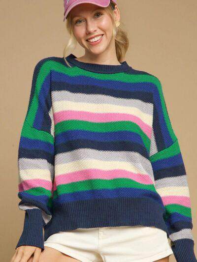 Contrast Striped Round Neck Long Sleeve Sweater for Women