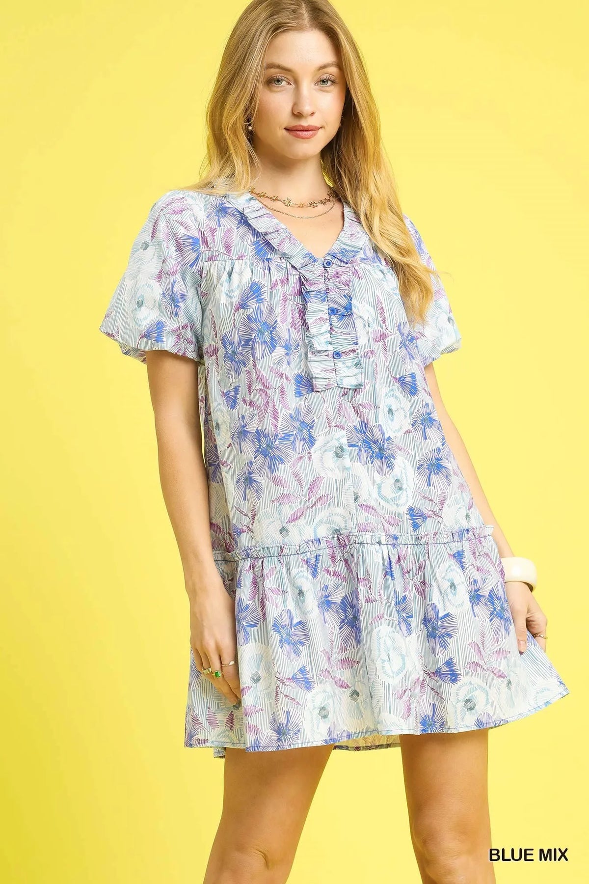 Umgee Floral Ruffled Puff Sleeve Mini Dress