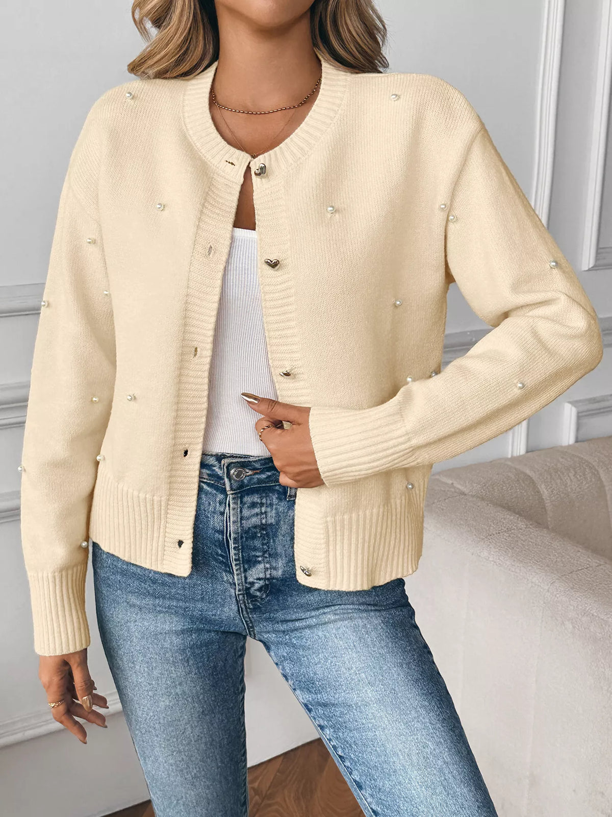 Pearl Embellished Button-Up Cardigan