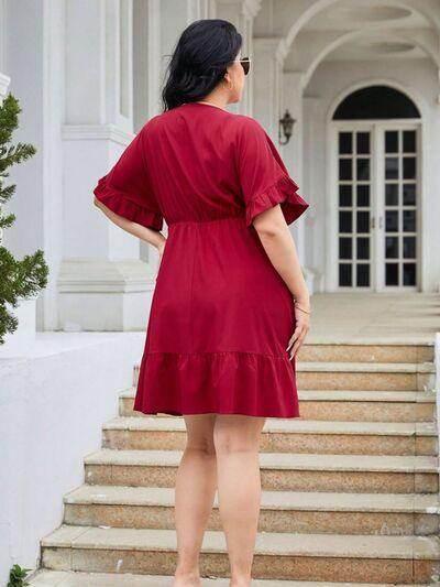 Plus Size Ruched Surplice Flounce Sleeve Mini Dress Online
