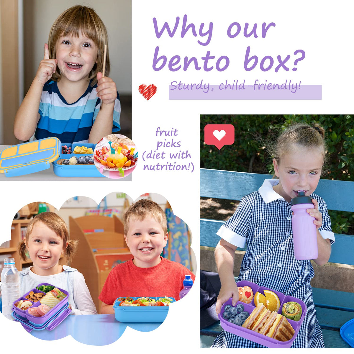 Bento Lunch Box for Kids - 4 Compartment Leak-Proof School Lunch Container with Utensils Purple