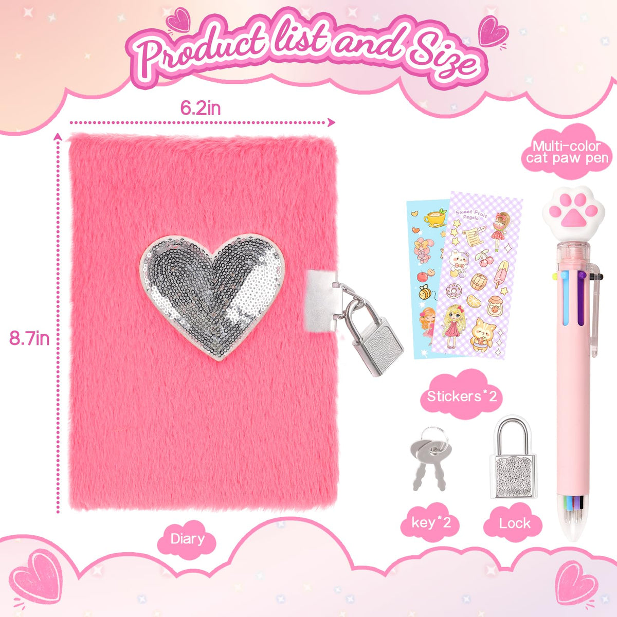 Girls Heart Diary with Lock and Keys - Cute Plush Secret Journal Notebook Gift Ages 6-8