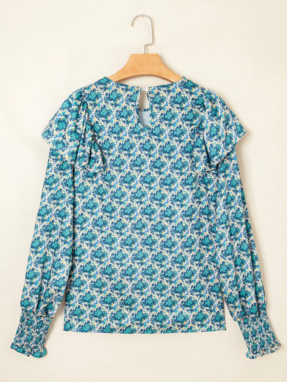 Abstract Print Shirred Cuff Ruffled Puff Sleeve Blouse