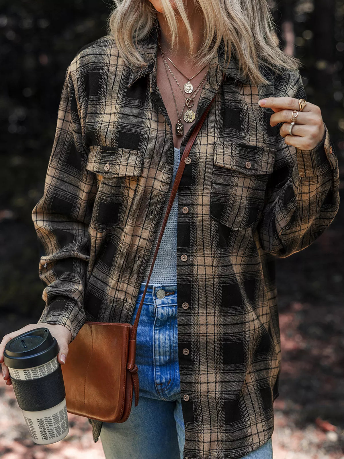 Plaid Double Flap Pocket Brushed Shacket