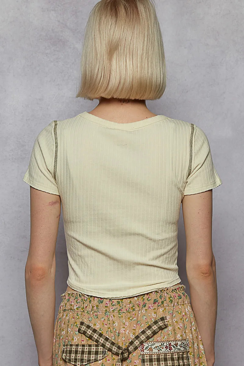 POL Contrast Stitching Round Neck Crop T-Shirt
