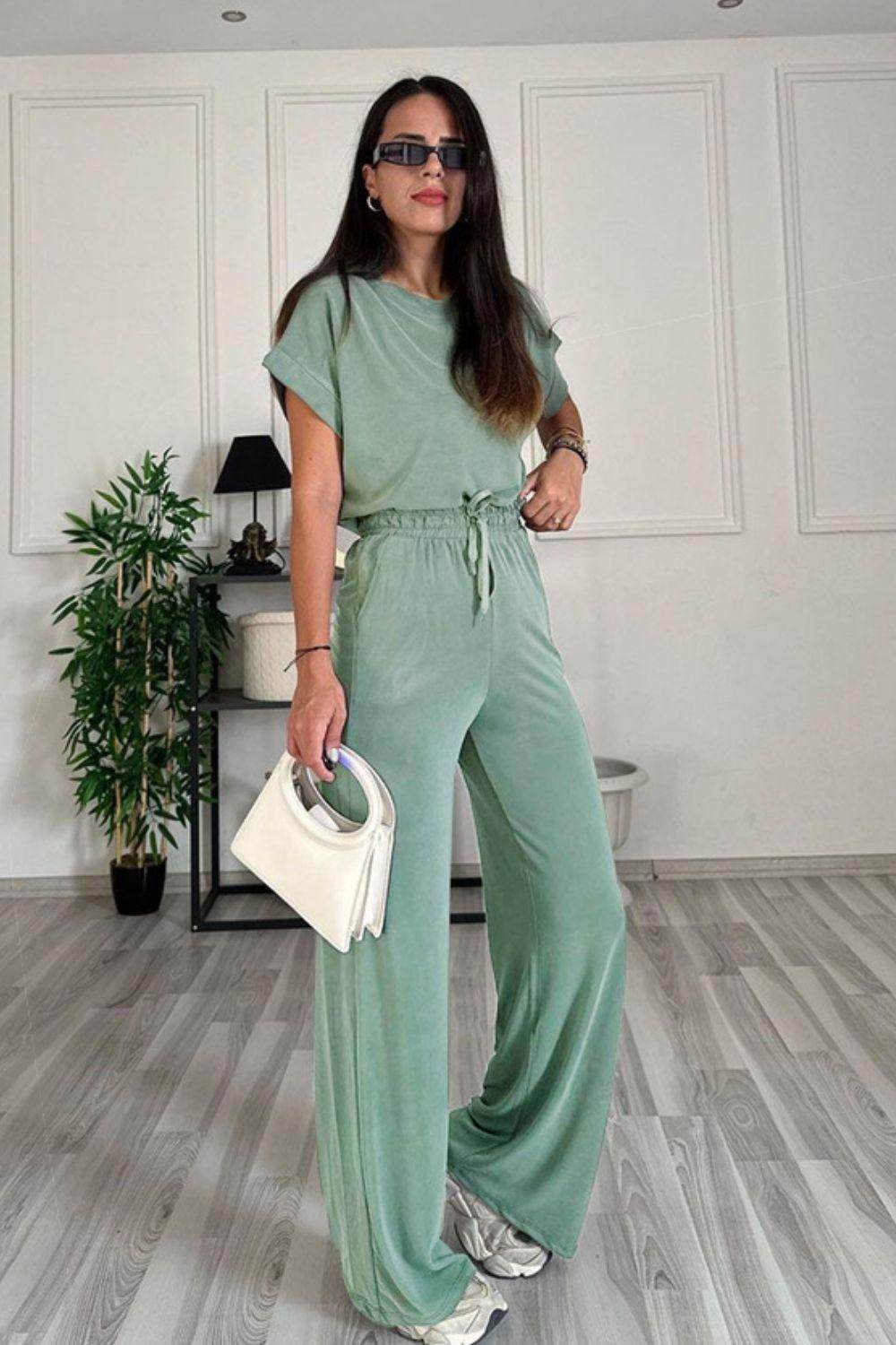 Round Neck Short Sleeve Top and Drawstring Pants Set for Women