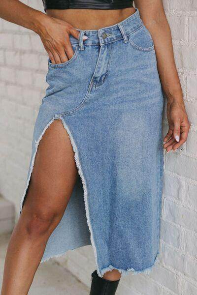 Raw Hem Slit Denim Skirt with Pockets for Women