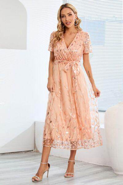 Sequin Leaf Embroidery Tie Front Short Sleeve Dress for Women