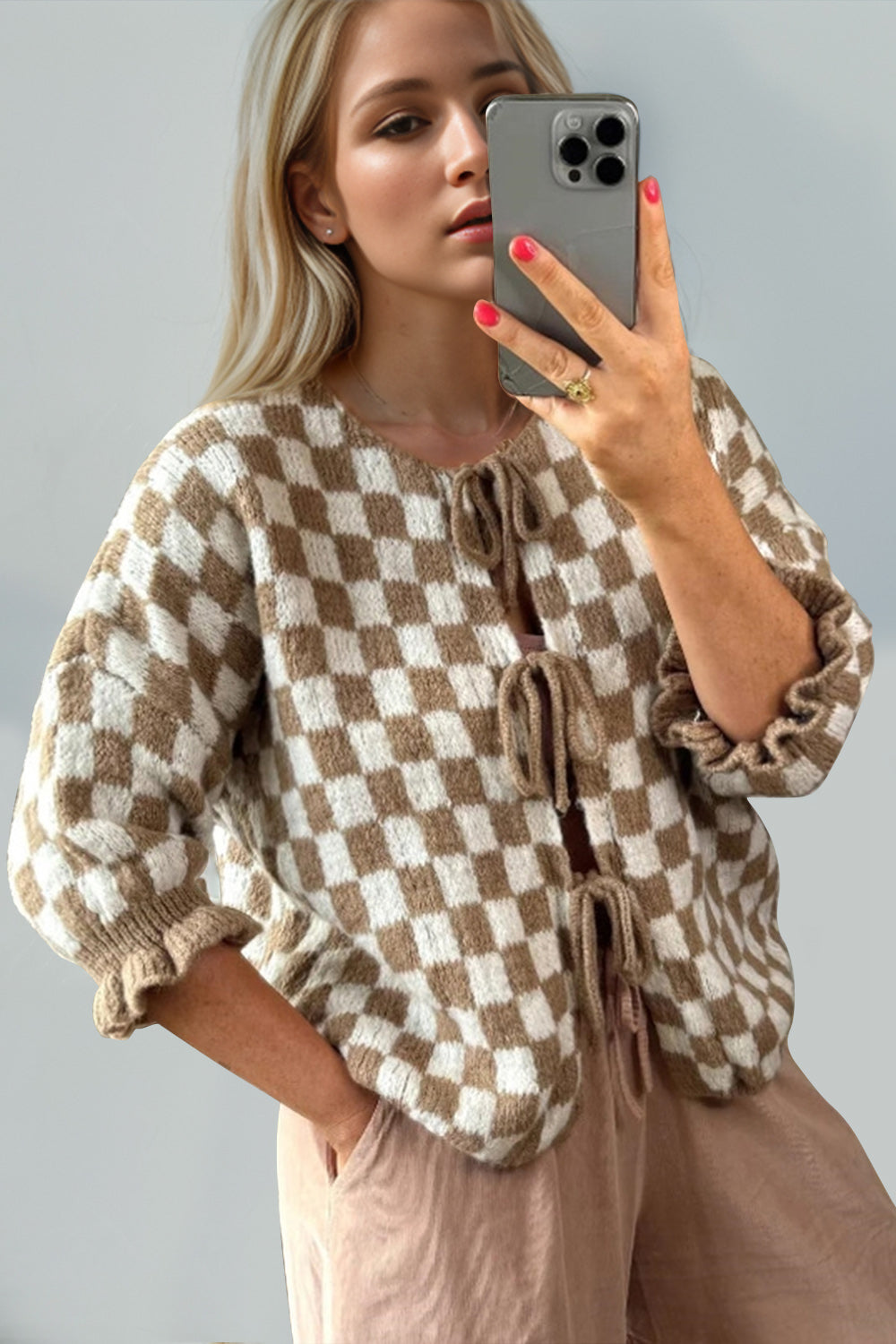 Back To School Sweater - Double Take Tied Checkered Dropped Shoulder Flounce Sleeve Cardigan