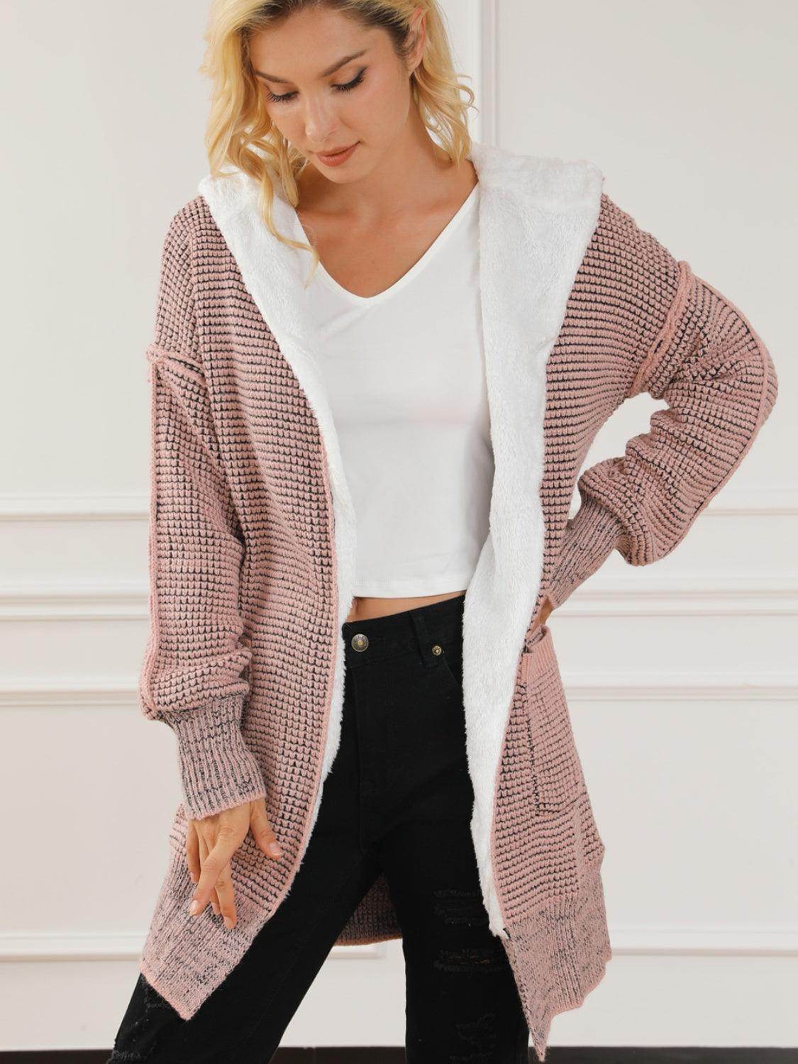 Open Front Hooded Winter Coat with Pockets for Women
