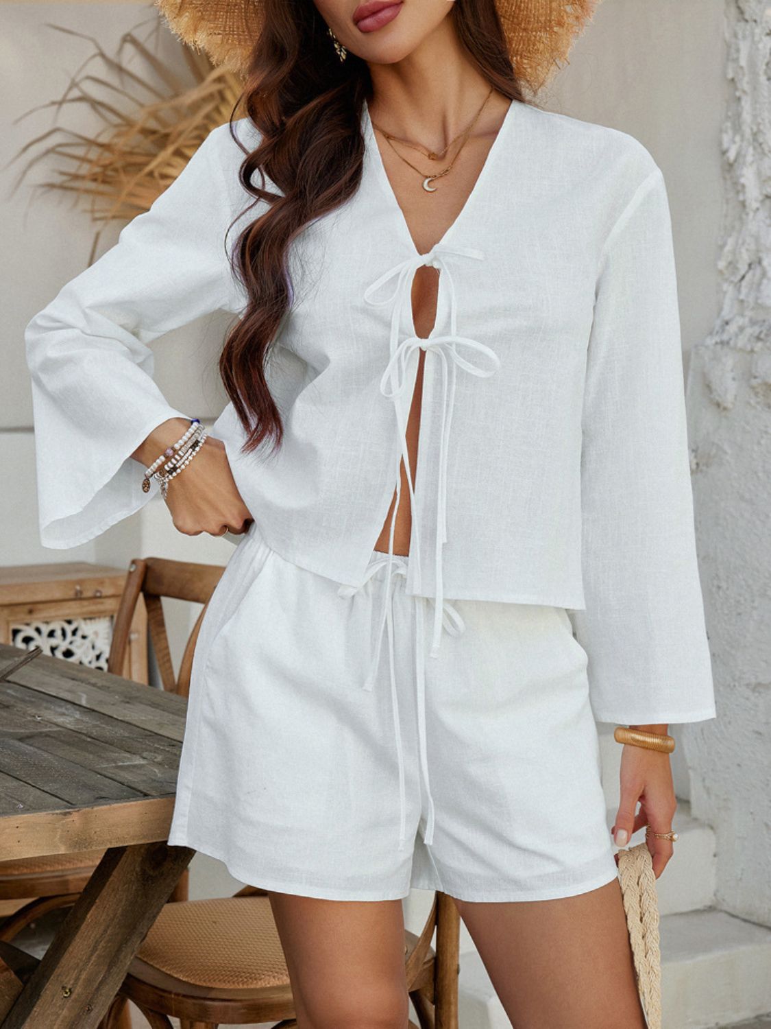 Devine Double Tied V-Neck Top and Shorts Set
