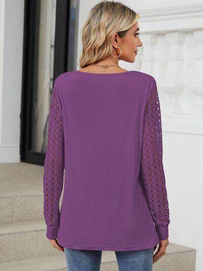 Cutout Round Neck Long Sleeve T-Shirt with Lace Detail
