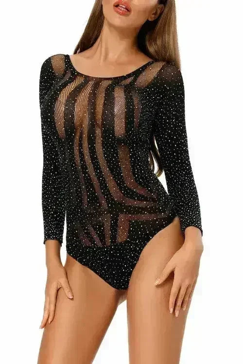 Rhinestone Long Sleeves Hollow-out Bodysuit