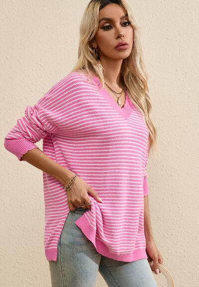 Striped V-Neck Dropped Shoulder Sweater for Women