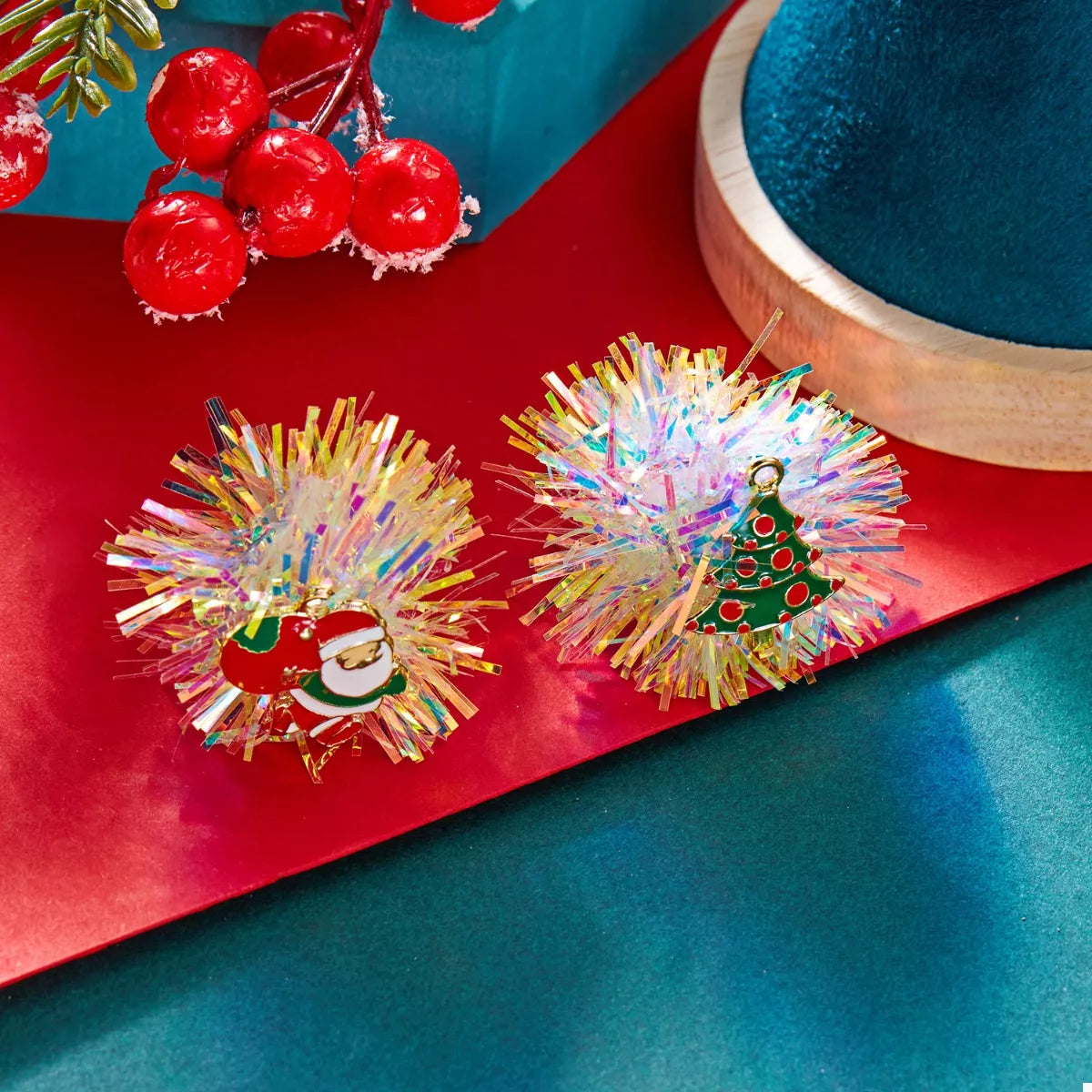 Christmas Asymmetrical Tinsel Ball Earrings