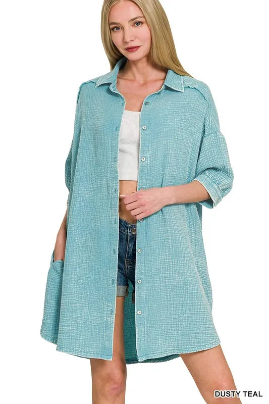 Zenana Washed Double Gauze Button Down Shirt Dress