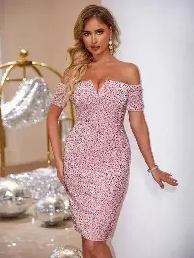 Slit Sequin Off-Shoulder Mini Dress