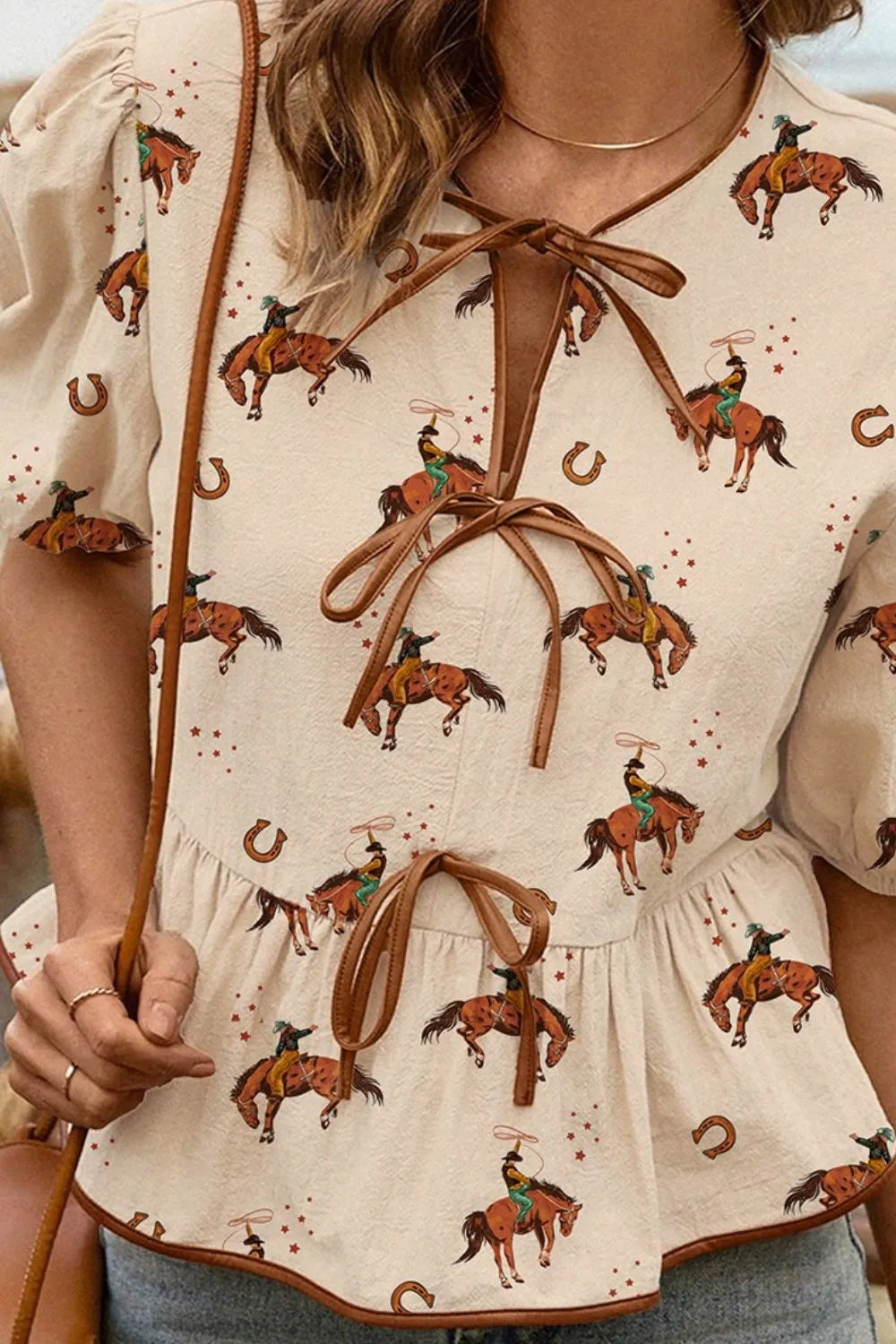 Horse Print Tie-Front Peplum Blouse