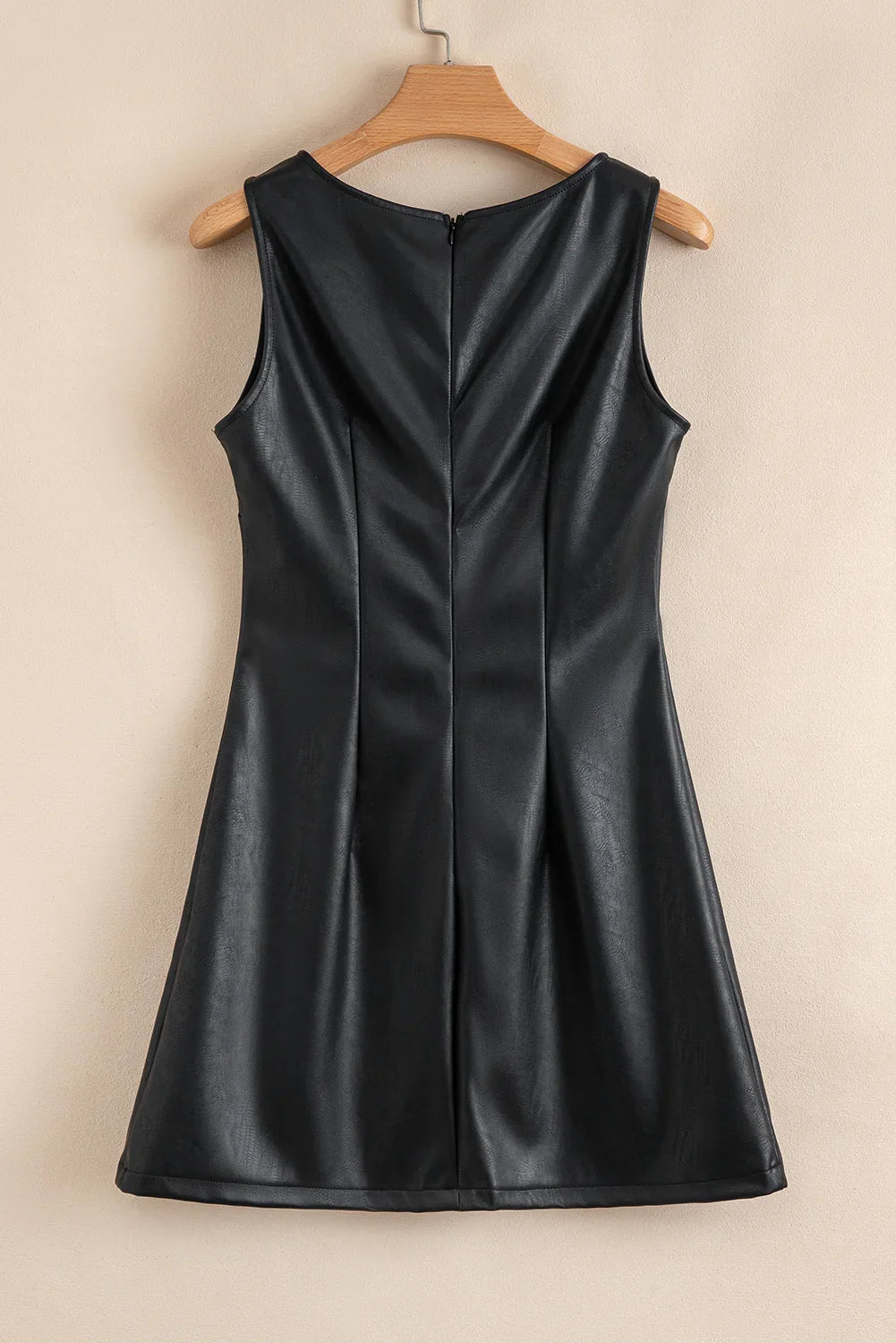 Black Faux Leather Sleeveless Round Neck Mini Dress