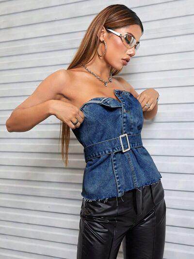 Buttoned Raw Hem Tube Denim Top for Stylish Comfort