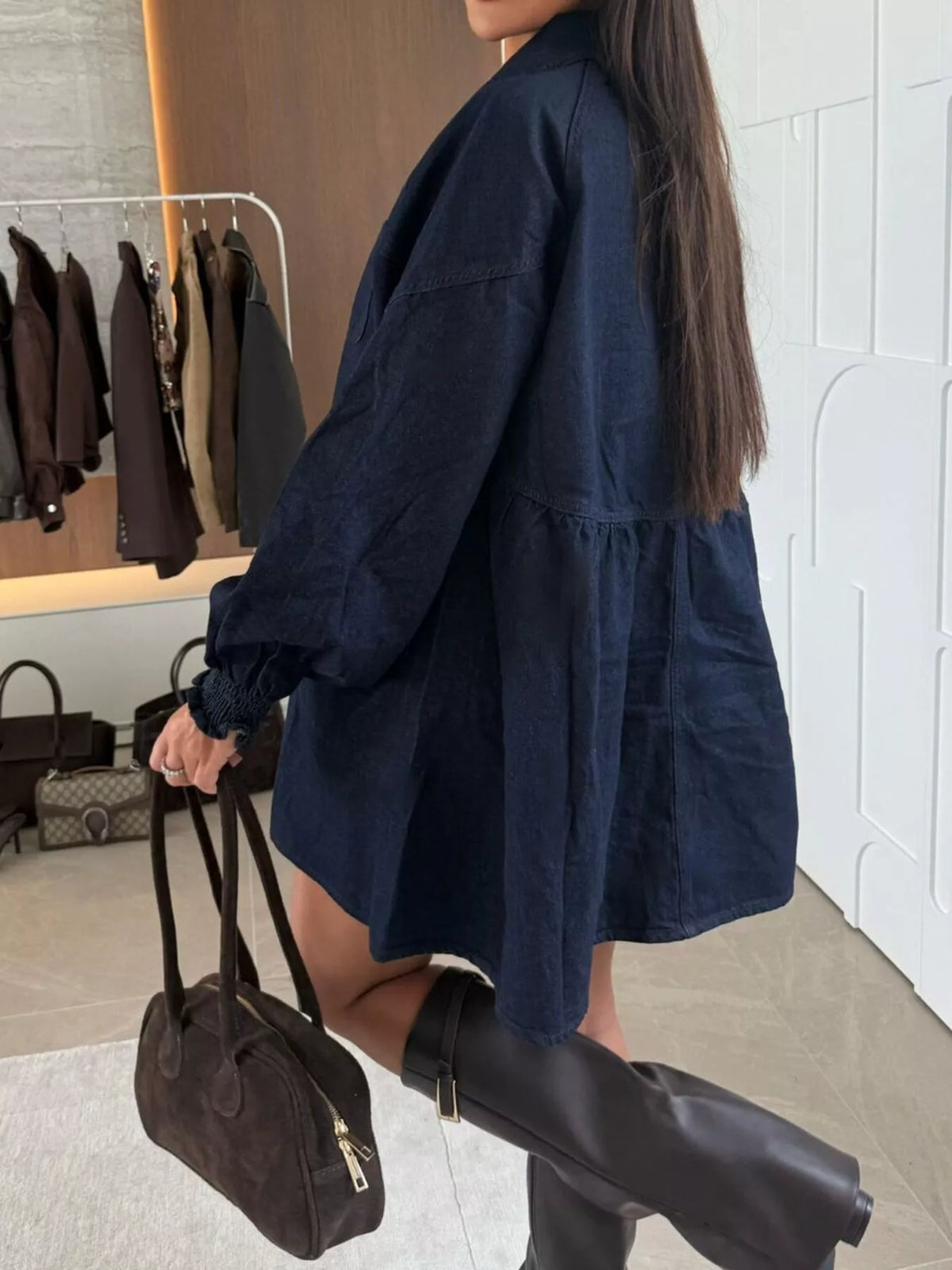 Button Down Mini Denim Dress with Front Pockets